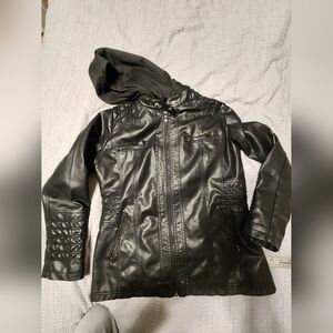 Womens Black faux leather Jacket moto hooded large